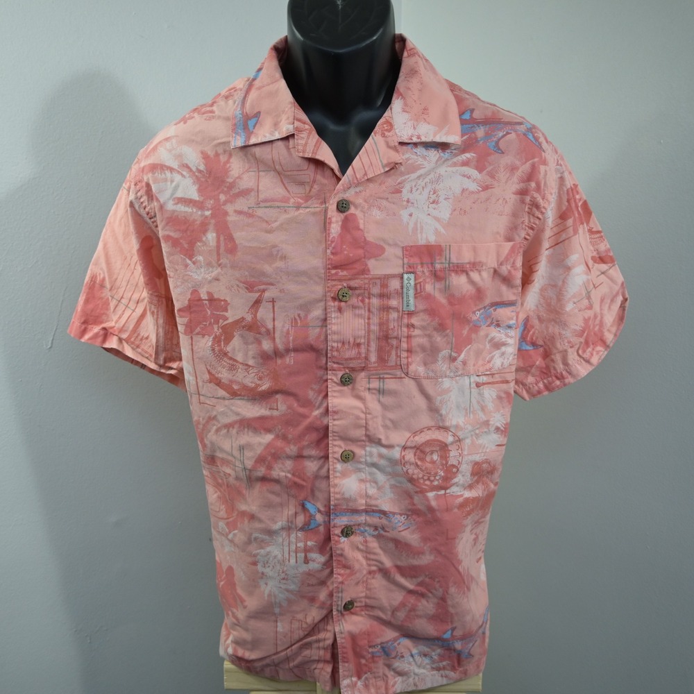 Columbia Button Up Men M Coral Pink Fishing Palm Tree Tropical Short Sleeve